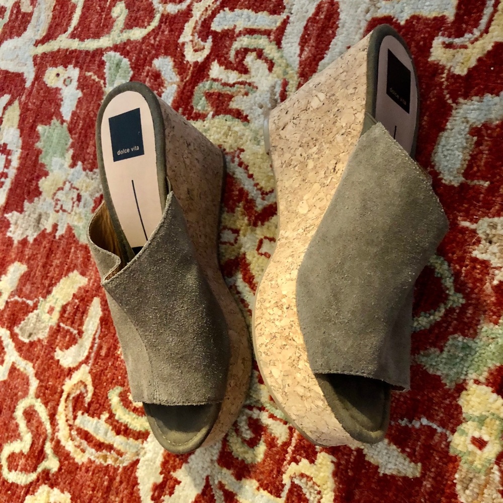 Suede cork-heeled wedges